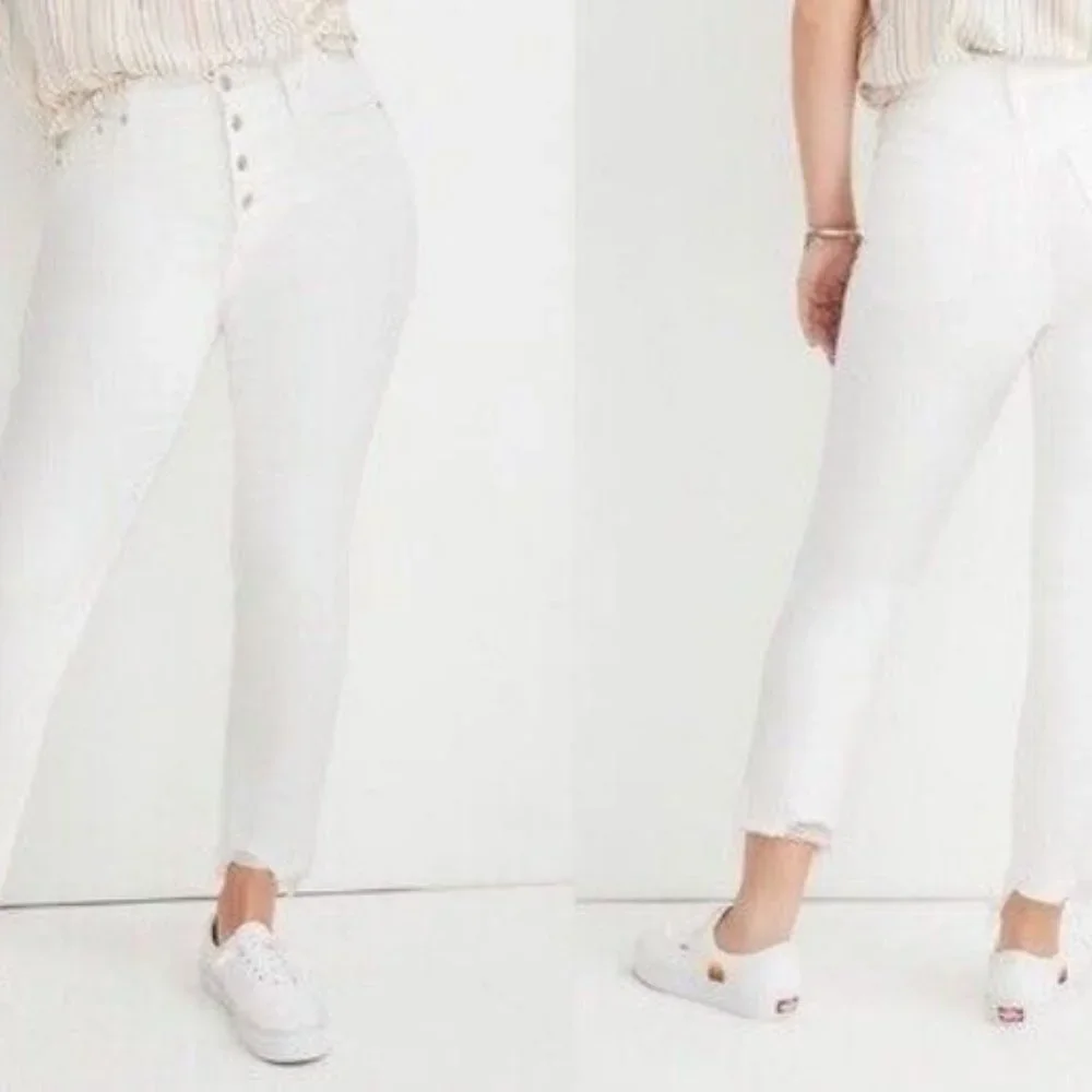 Madewell Distress White Skinny Button Fly Jeans with Raw Hem - Size 25 - Picture 4 of 16
